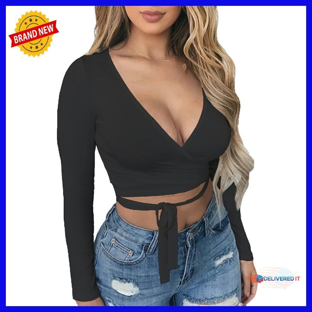 Sexy Deep V Neck Wrap Tie Crop Top Long Sleeve Stretchy Cotton Spandex